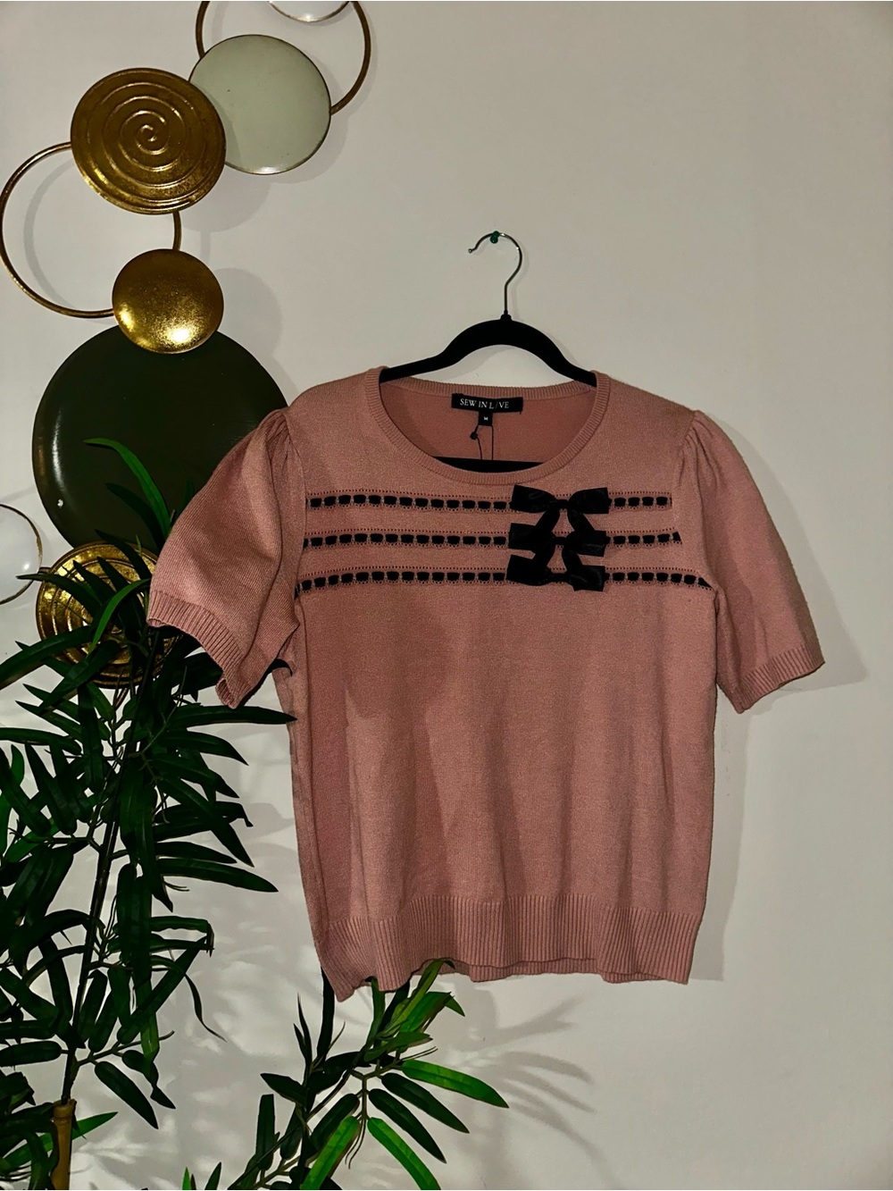 Sew In Love Blush Pink Knit Top with Black Ribbon Bows - Picture 4 of 7